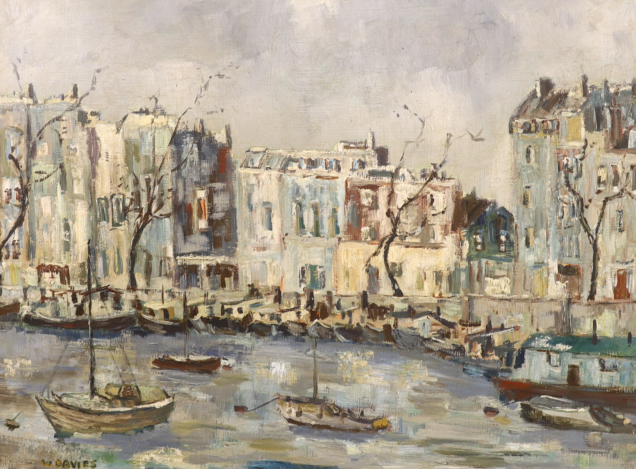 William Davies (1928-) Wapping Group, oil on board, 'Houseboats at Chelsea’, signed, 44 x 60cm